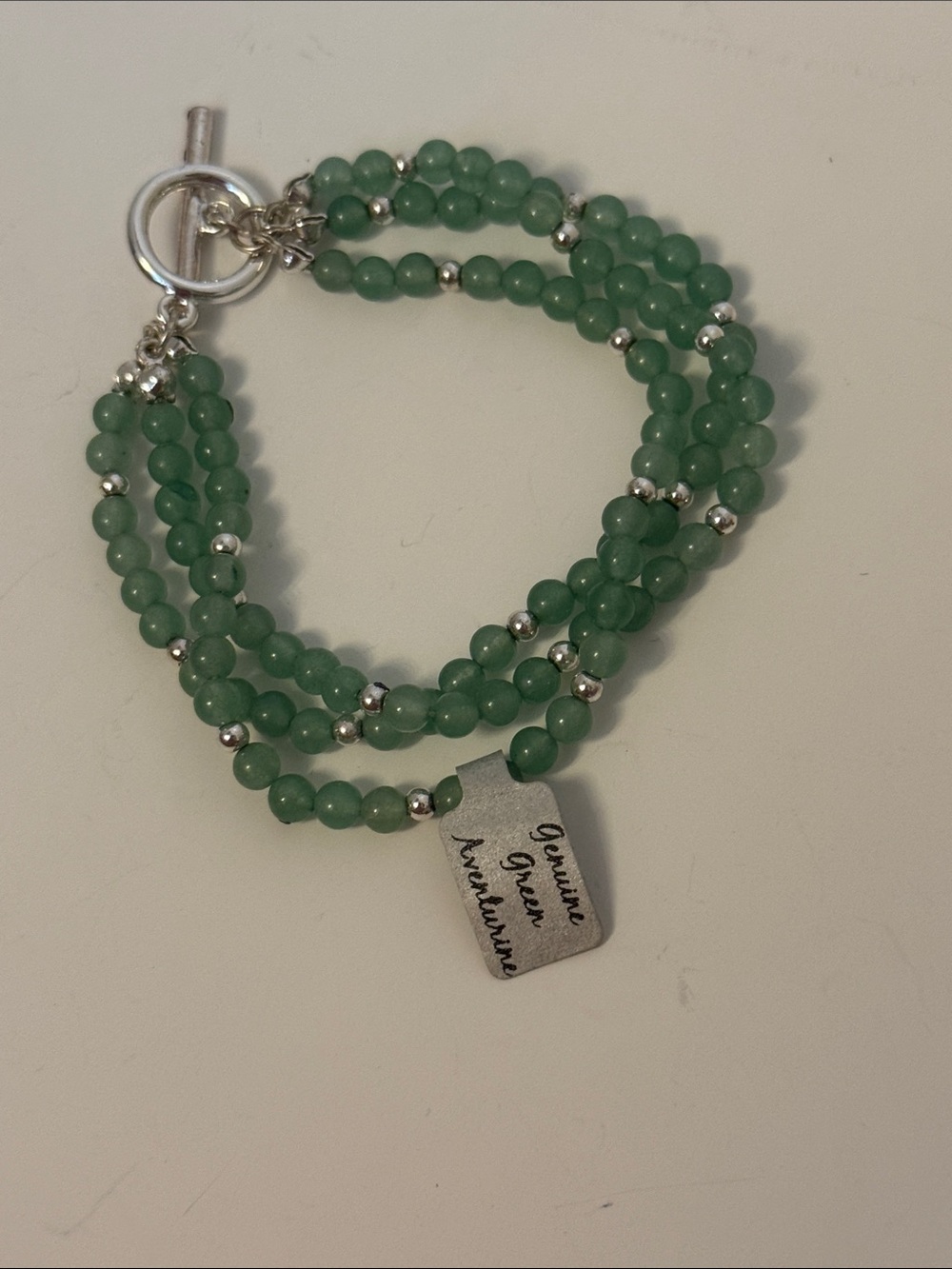 NEW BRACELET, GREEN AVENTURINE THREE STRAND BEADS SILVER TONE, ACCENT TOGGLE 7.5 - Picture 3 of 5